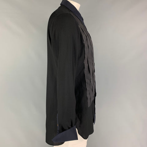 ROBERTO CAVALLI Size XL Black Navy Charcoal Pleated Tuxedo Long Sleeve Shirt