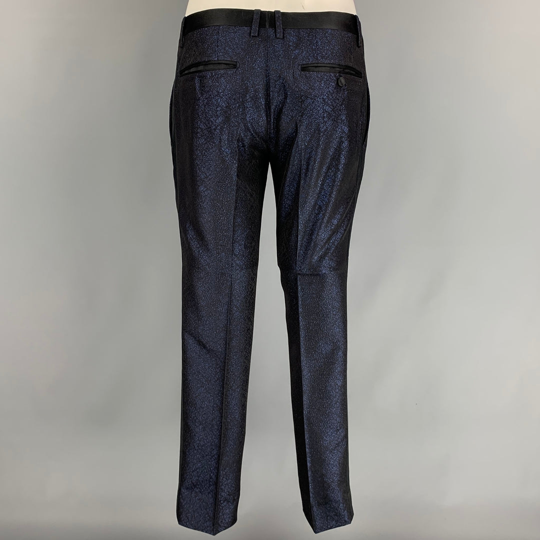 DOLCE & GABBANA Size 38 Regular Dark Blue & Black Sparkle Polyester / Viscose 3 Piece Tuxedo Suit