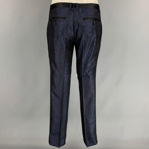 DOLCE & GABBANA Size 38 Regular Dark Blue & Black Sparkle Polyester / Viscose 3 Piece Tuxedo Suit