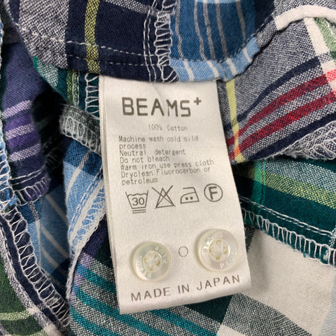 BEAMS Size XL Green Blue White Madras Cotton Long placket Short Sleeve Shirt