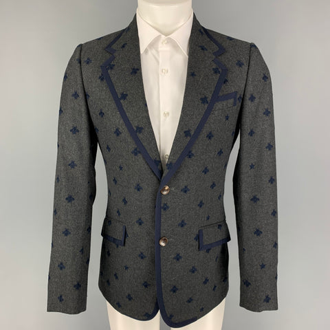 GUCCI Size 36 Regular Charcoal Navy Royal Bee Embroidery Wool Sport Coat