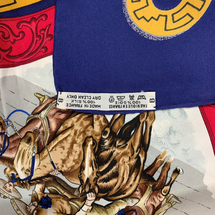 HERMES Blue Red White Equestrian Silk Charreada Scarf