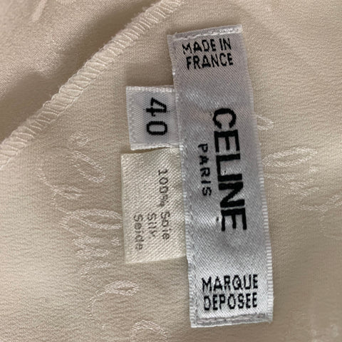 CELINE Size 4 Cream Silk Signature Print Long Sleeve Blouse