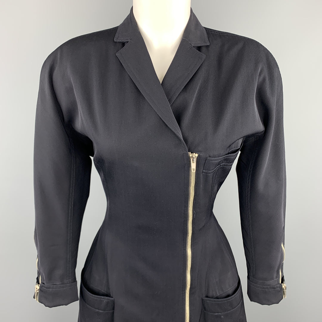 GIANNI VERSACE 1980s Size M Navy Side Zip Long Sleeve Blazer Dress