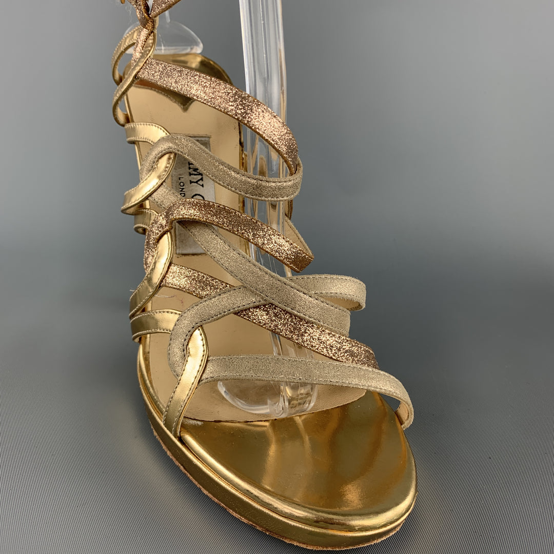 JIMMY CHOO Size 9 Gold Sparkle Leather Strappy Metal Heel Sandals