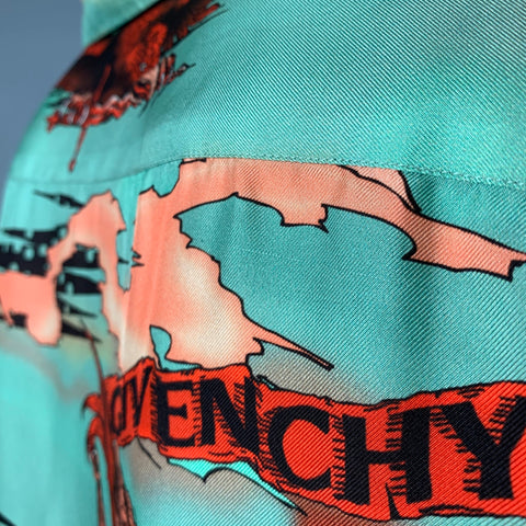 GIVENCHY Size L Green Red Orange Print Silk Camp Short Sleeve Shirt