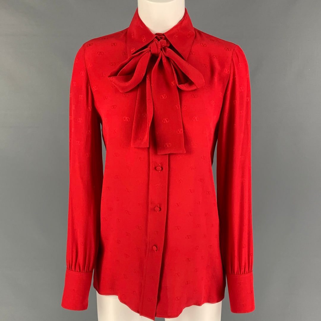 VALENTINO Size 2 Red Silk Logo Long Sleeve Dress Top