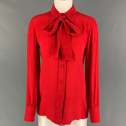 VALENTINO Size 2 Red Silk Logo Long Sleeve Dress Top