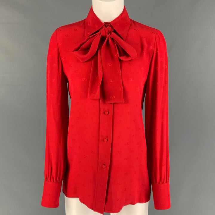 VALENTINO Size 2 Red Silk Logo Long Sleeve Dress Top