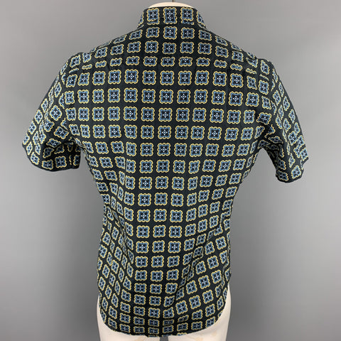 PRADA Size L Black Print Cotton Button Up Short Sleeve Shirt