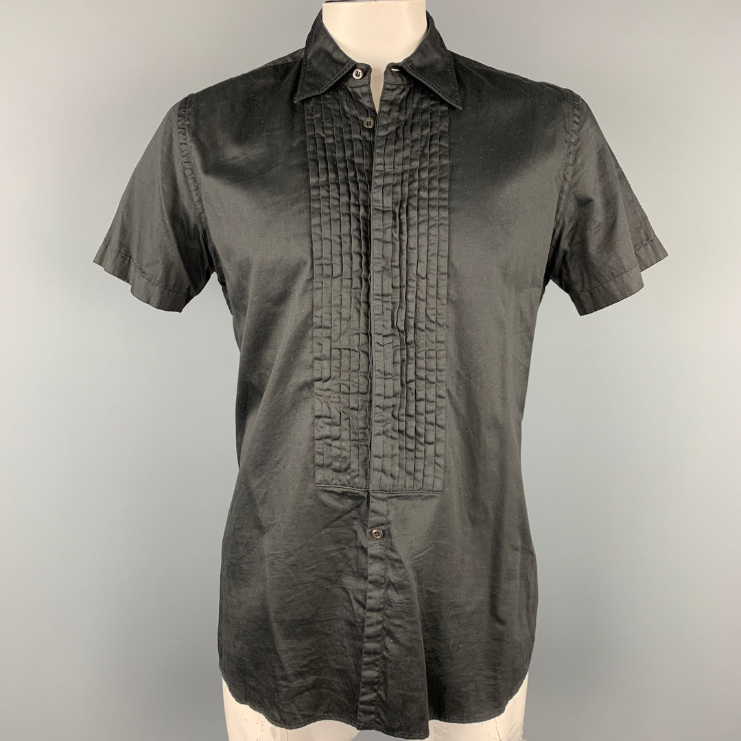 PRADA Size L Black Pleated Cotton Button Up Short Sleeve Shirt