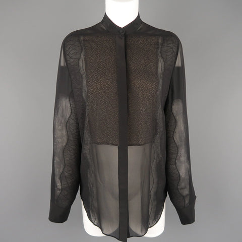 3.1 PHILLIP LIM Size S Black Silk Chiffon Lace Panel Band Collar Blouse 3.1 PHILLIP LIM
