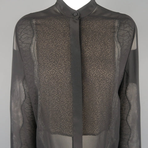 3.1 PHILLIP LIM Size S Black Silk Chiffon Lace Panel Band Collar Blouse 3.1 PHILLIP LIM