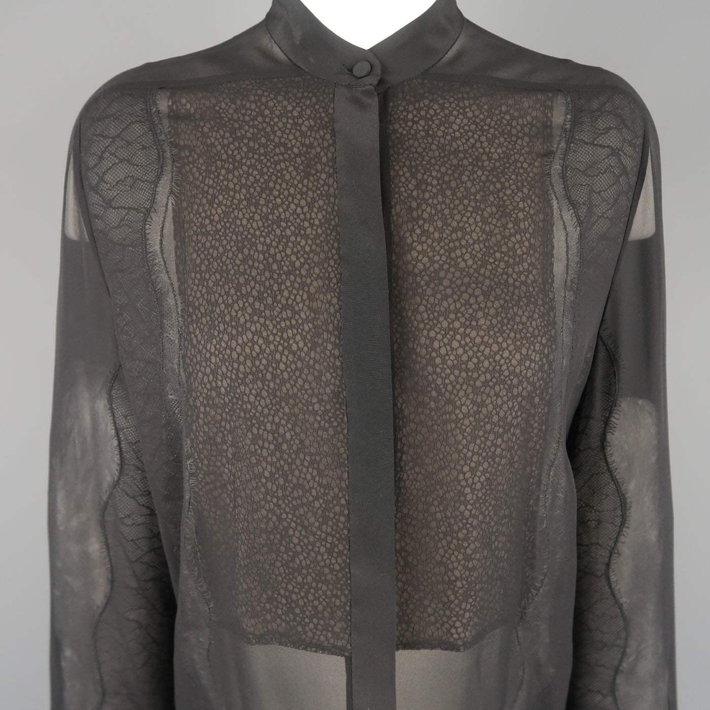 3.1 PHILLIP LIM Size S Black Silk Chiffon Lace Panel Band Collar Blouse
