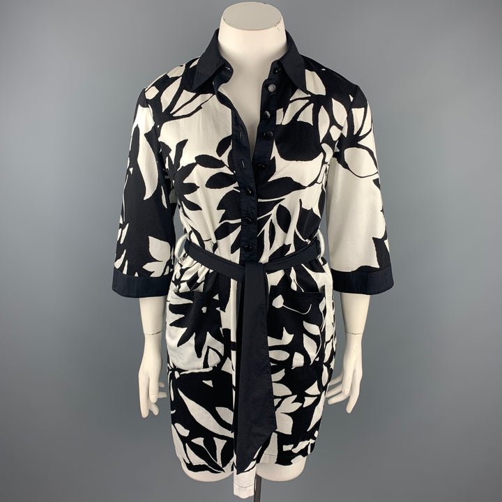 CATHERINE MALANDRINO Size 12 Black & White Cotton Belted Shirt Dress