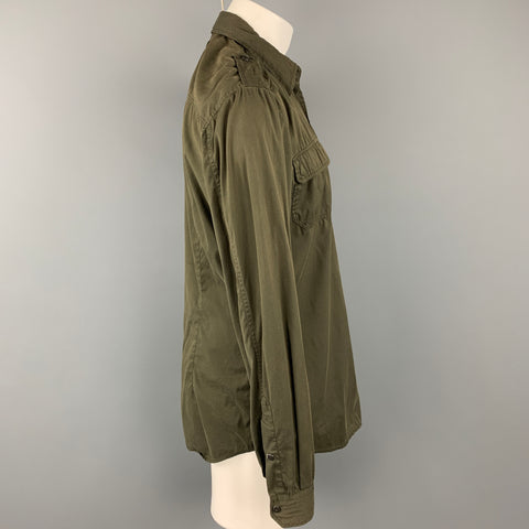 PRADA Size L Olive Cotton Blend Snaps Long Sleeve Shirt