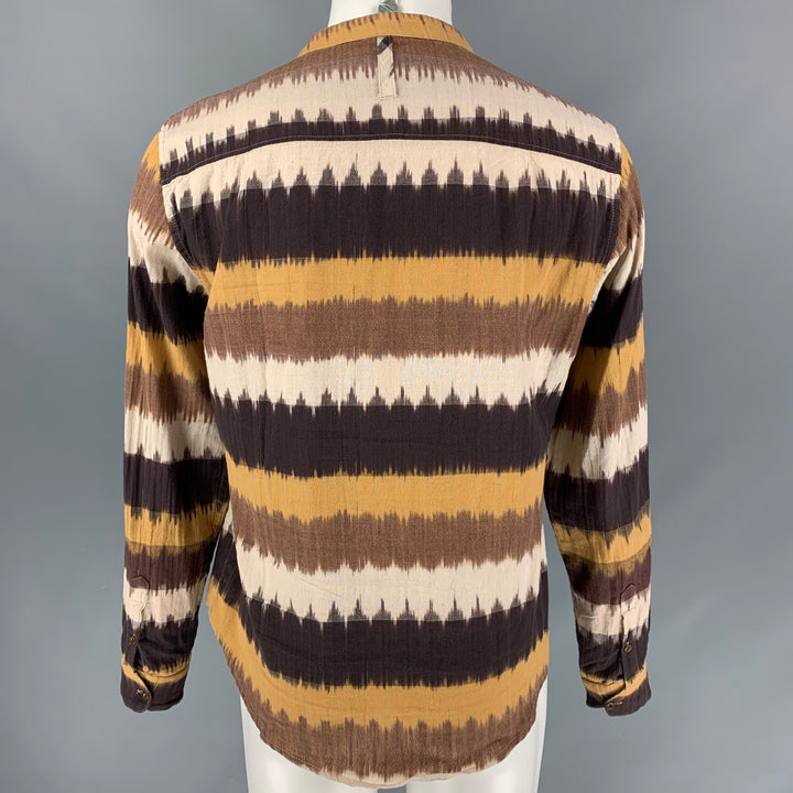 YOU MUST CREATE Size M Brown Beige Stripe Cotton Collarless Long Sleeve Shirt