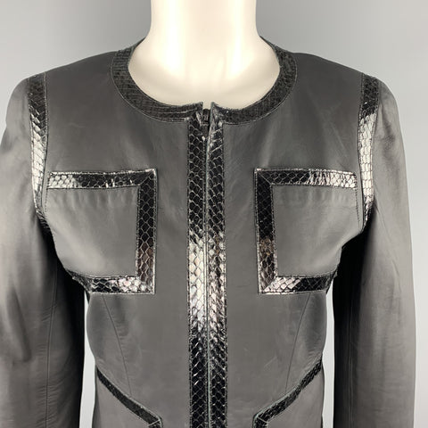 CHANEL Talla 6 Chaqueta de cuero recortada con ribetes de serpiente negra 04 P