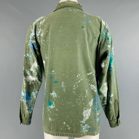 VINTAGE Size S Green Blue White Splattered Cotton Military Long Sleeve Shirt