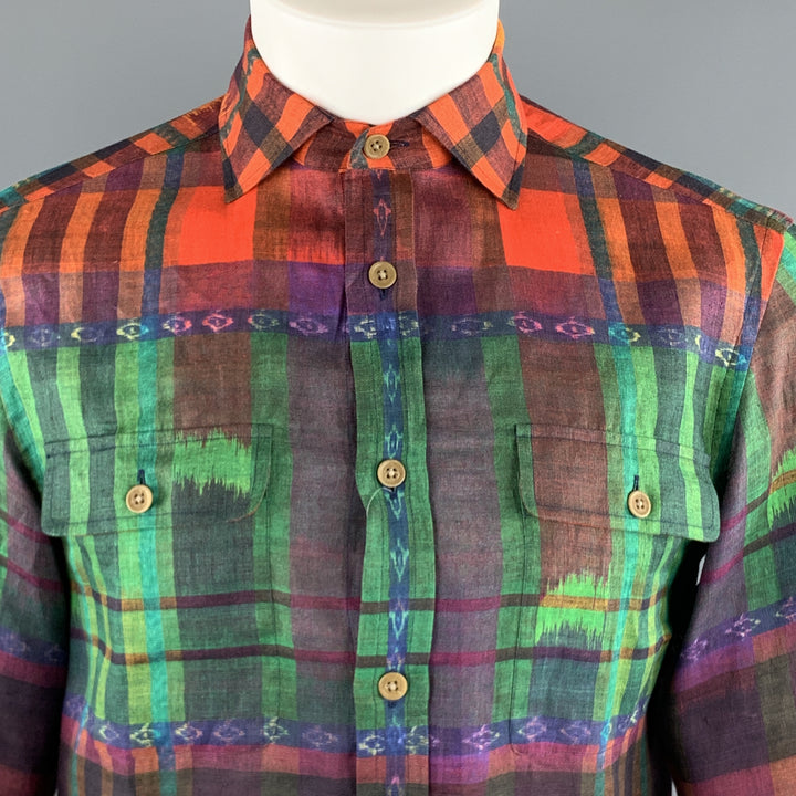 RALPH LAUREN Size S Multi-Color Plaid Linen Spread Collar Shirt