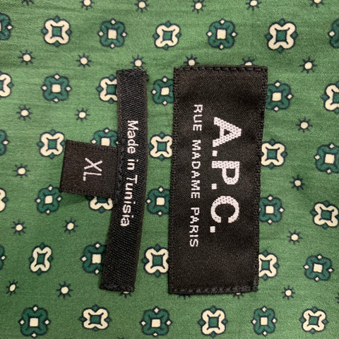 A.P.C. Size XL Green Geometric Cotton & Silk Button Down Short Sleeve Shirt