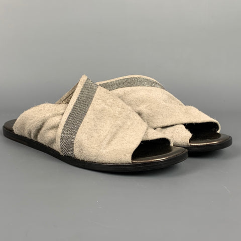 BRUNELLO CUCINELLI Talla 8.5 Zapatos planos sin cordones cruzados de ante gris y plateado