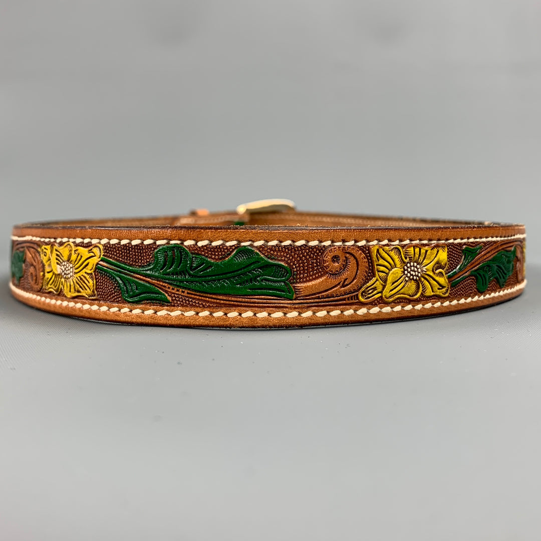 VINTAGE Tamaño 32 Cinturón Dallas de cuero tallado floral bronceado