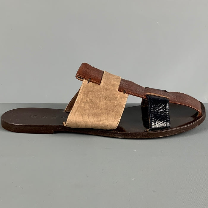 MARNI Size 8.5 Brown & Taupe Leather Flat Sandals