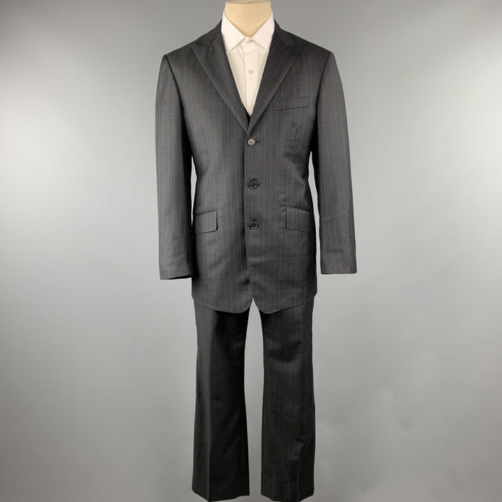 DAVID AUGUST Size 40 Charcoal & Blue Stripe Wool Notch Lapel 34 x 30 Suit