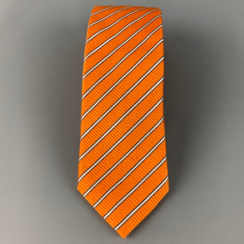 CORNELIANI Orange White Diagonal Stripe Silk Tie