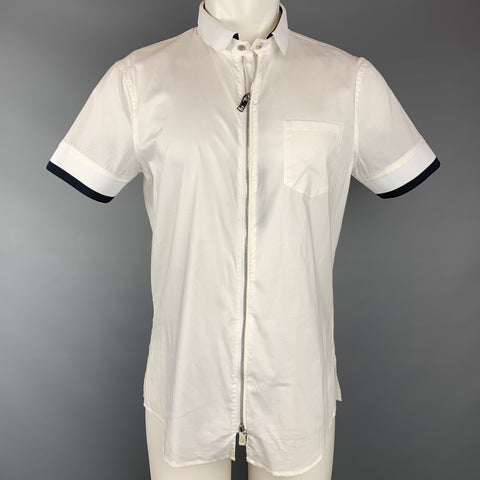 EMPORIO ARMANI Size M White Cotton Zip Up Short Sleeve Shirt