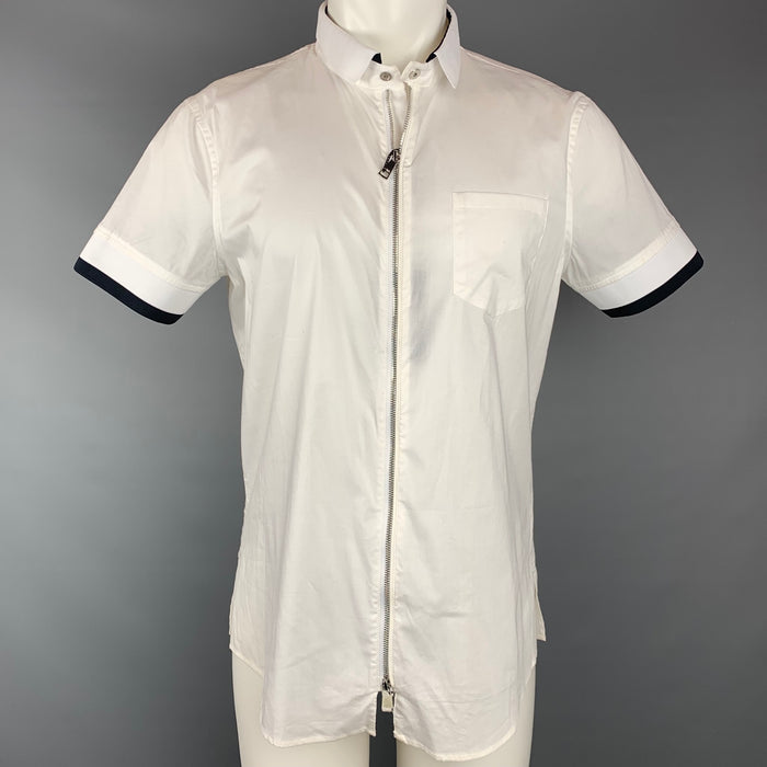EMPORIO ARMANI Size M White Cotton Zip Up Short Sleeve Shirt
