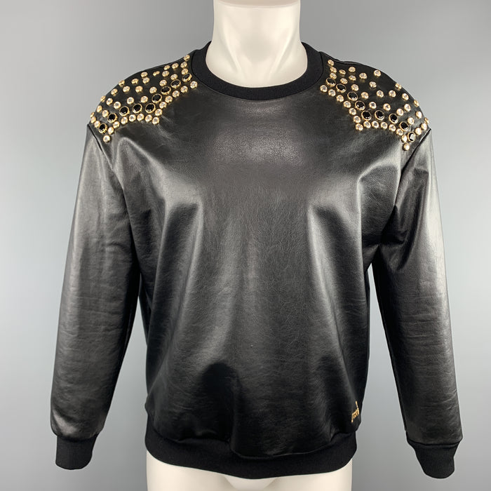 JUST CAVALLI Taille XS Sweat-shirt à col rond en coton enduit clouté de strass noir