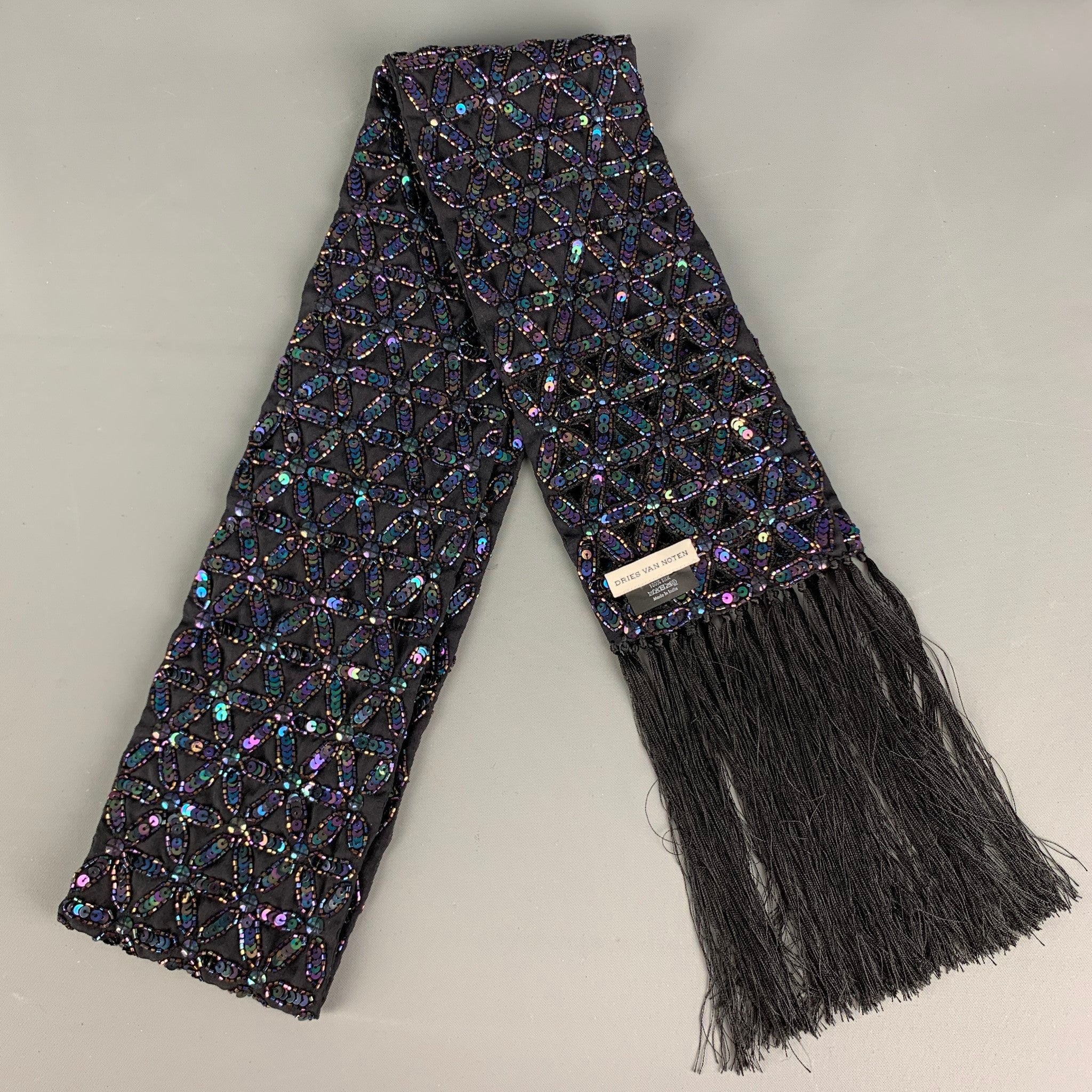 DRIES VAN NOTEN Navy Beaded Silk Scarves – Sui Generis Designer