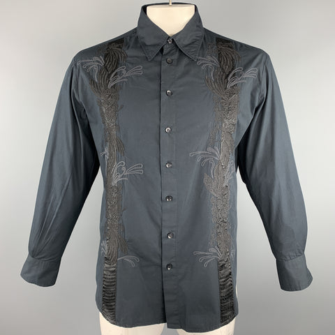 ROBERTO CAVALLI Size L Black Embroidery Cotton Button Up Long Sleeve Shirt