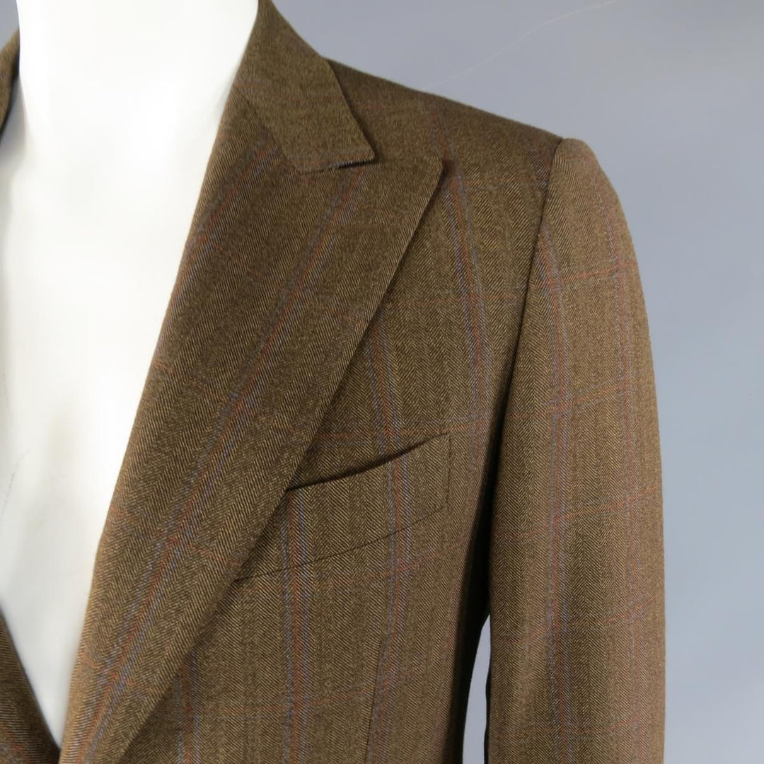 PAL ZILERI 40 Manteau de sport à revers en laine à carreaux marron clair, bleu et rouge