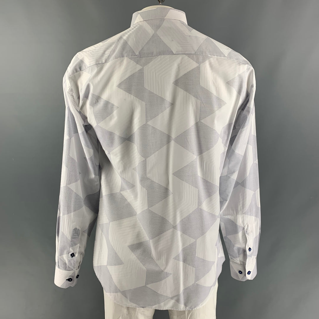 MACEOO Size XXL White Light Blue Print Cotton Button Up Long Sleeve Shirt