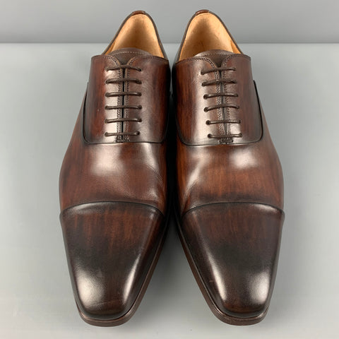 MAGNANNI Size 10 Brown Burnished Leather Cap Toe Lace Up Shoes