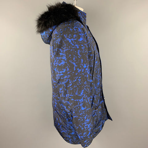 MICHAEL KORS Weather Engineered Size XL Black & Blue Print Polyester Hooded Parka Coat