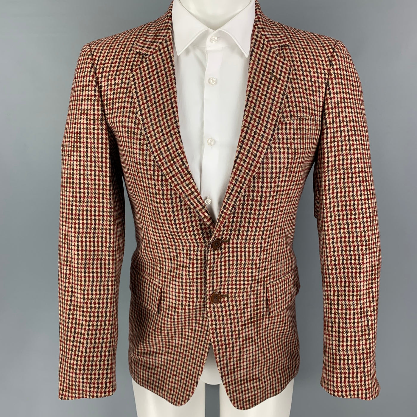 Vintage VALENTINO Size 34 Tan Burgundy Brown Plaid Wool Notch Lapel Sport Coat