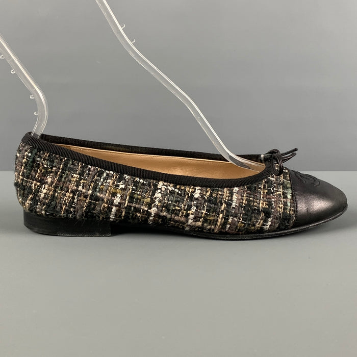 CHANEL Size 5.5 Black Brown Boucle Ballet Flats
