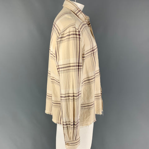 JOHN ELLIOTT Size L Beige Burgundy Plaid Cotton Cropped Long Sleeve Shirt