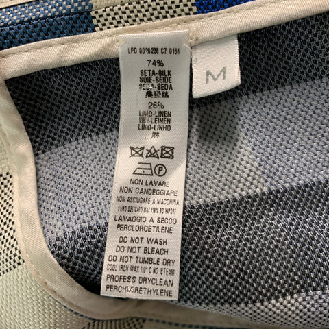 LA PERLA Taille M Bleu Off White Damier Soie Lin Ceinture Robe