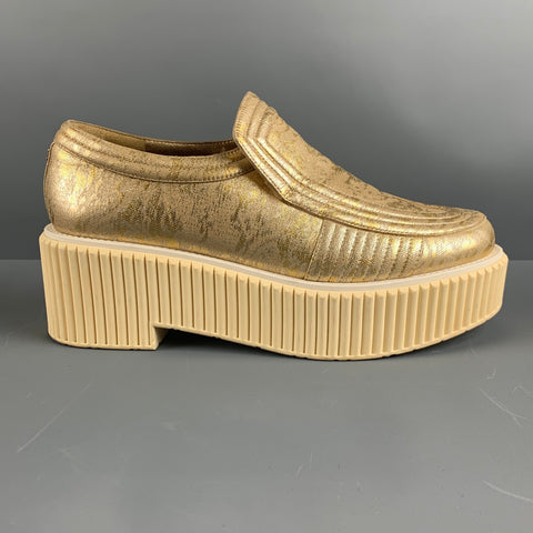 CHANEL Size 9 Gold Fabric Platform Flats