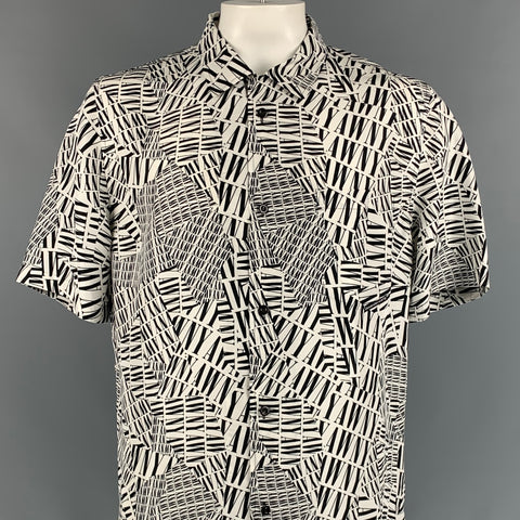ALEXANDER WANG Size L White & Black Logo Silk Camp Short Sleeve Shirt