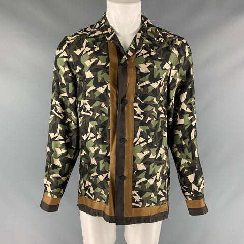 FENDI Size M Green Brown Abstract Silk Button Up Long Sleeve Shirt