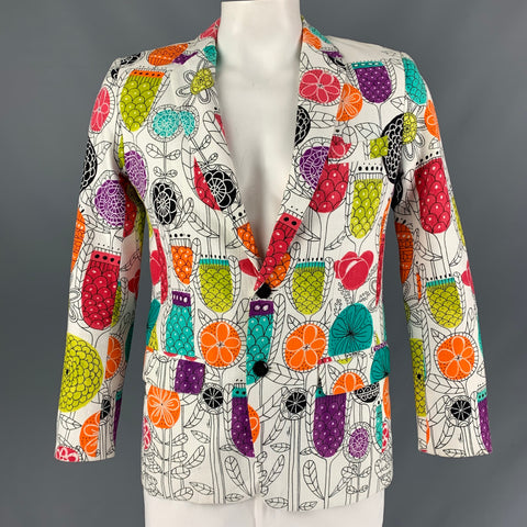 MR TURK Chest Size 40 White Multi-Color Print Cotton &  Spandex Sport Coat
