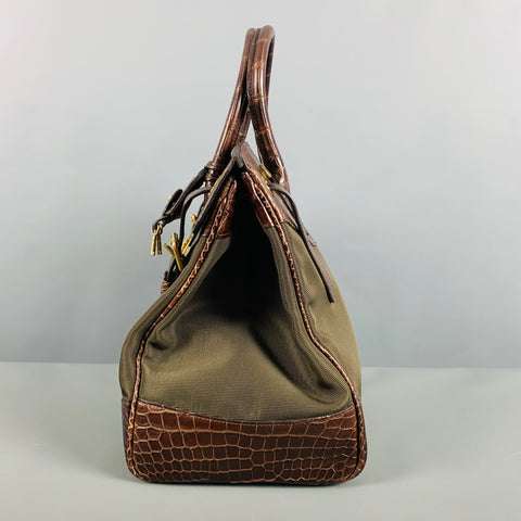 RALPH LAUREN Brown Olive Mixed Materials Alligator Nylon Handbag
