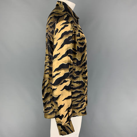 DSQUARED2 Size L Olive Black Tan Print Silk Button Up Long Sleeve Shirt