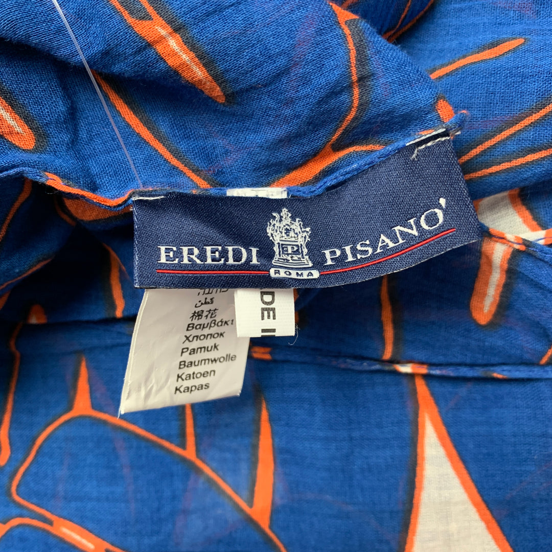 EREDI PISANO Blue & Orange Leaf Print Cotton Scarf